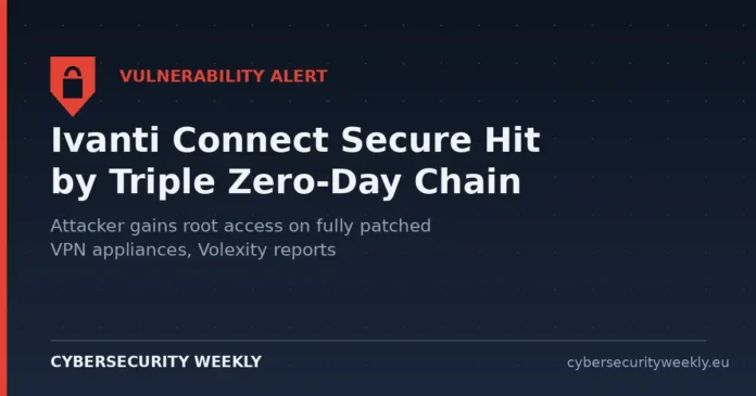 Illustration reading Ivanti Connect Secure Hit by Triple Zero-Day Chain, attacker gains root access on fully patched VPN appliances, Volexity reports, on a dark navy cybersecurity-themed background with a red shield lock icon.
